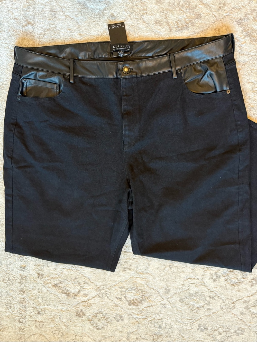 Eloquii Black Jeans with Faux Leather Trim Pockets Women 22 Wide Leg Denim NEW